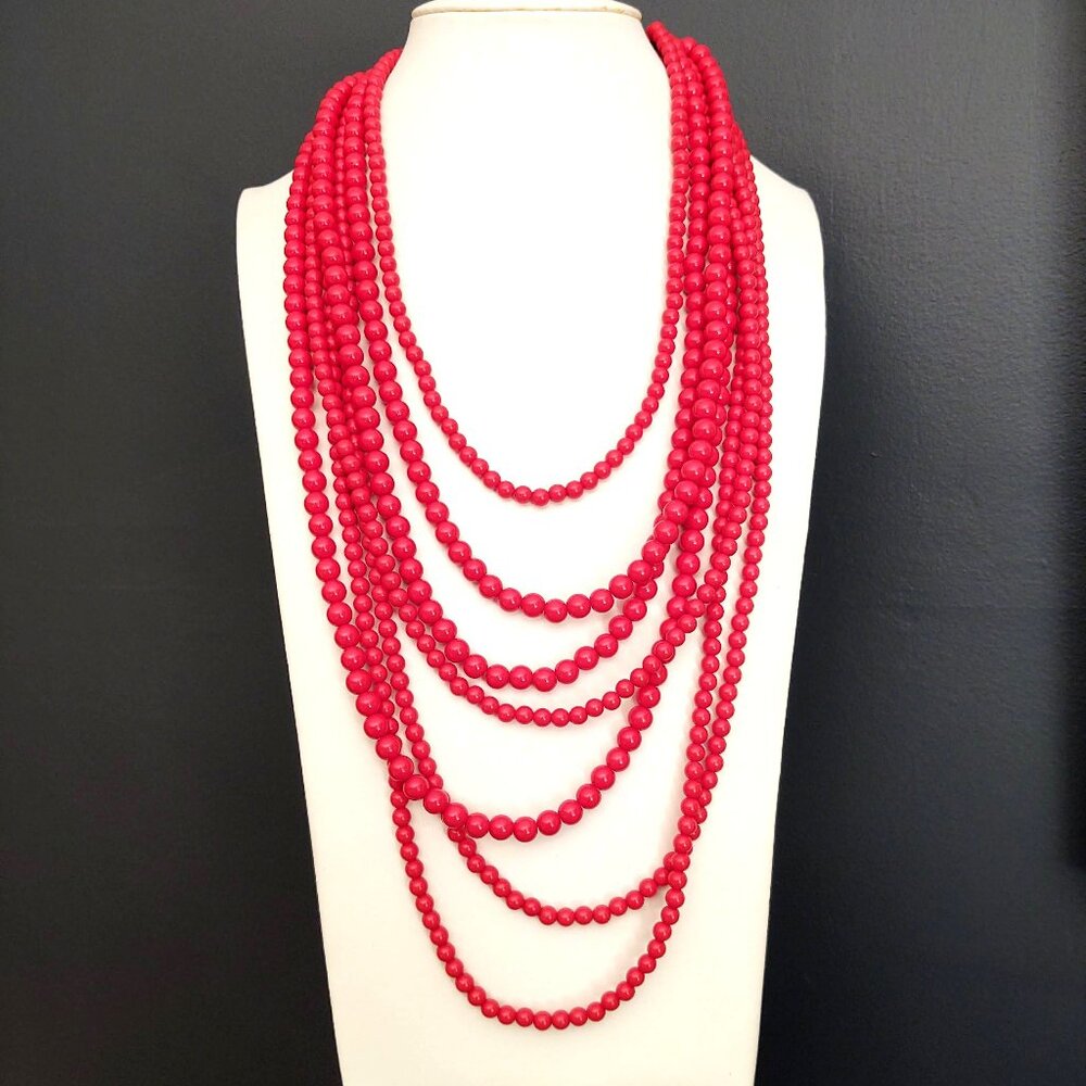 Long 7 strand layered red beaded necklace - Picture 2 of 10